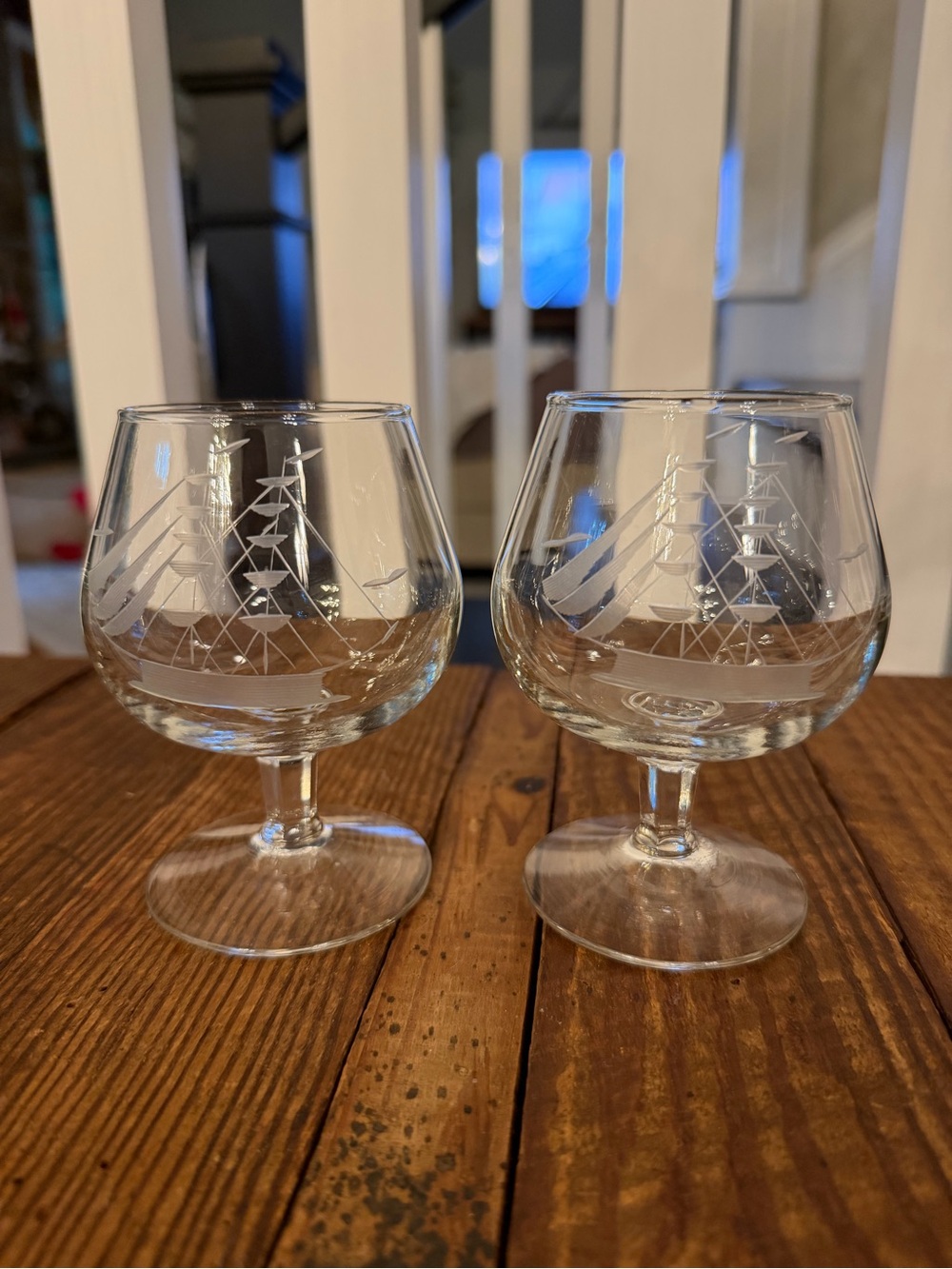 (2) Vintage Etched Ship Brandy Snifters